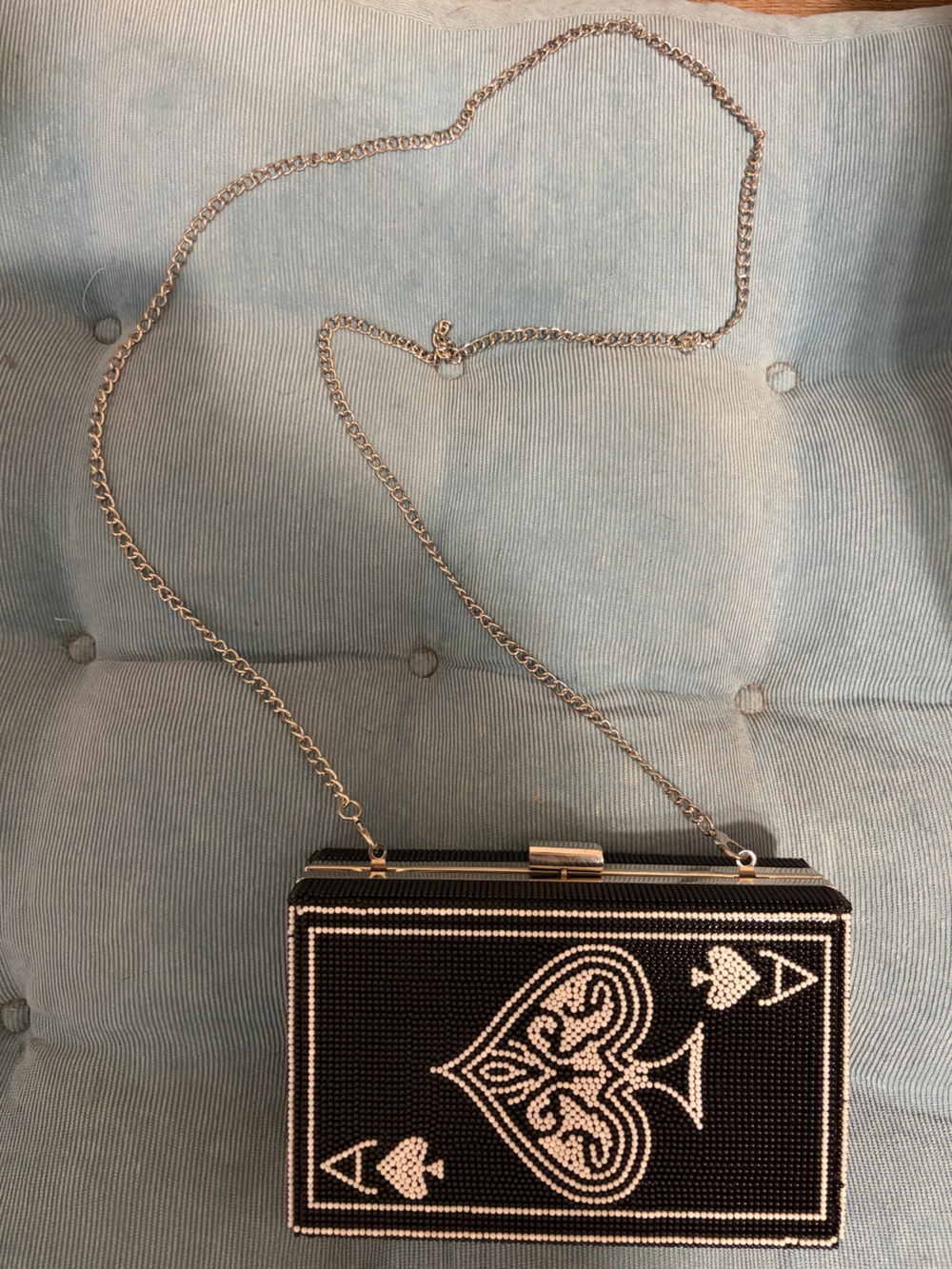Beaded Ace of Spades Card Decorative Box Clutch w/ silver crossbody chain - Picture 3 of 10